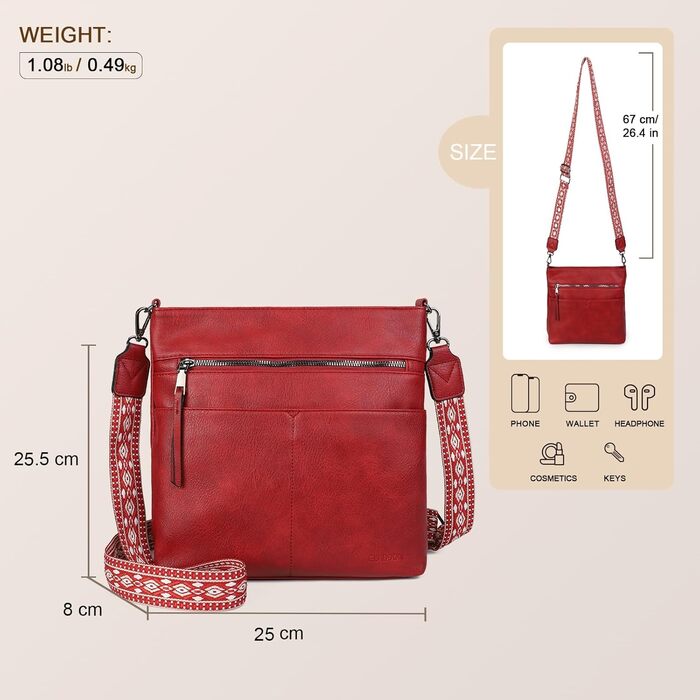 Сумка жіноча Gladdon червона шкіряна крос-боді багатофункціональна через плече середнього розміру з широким ременем