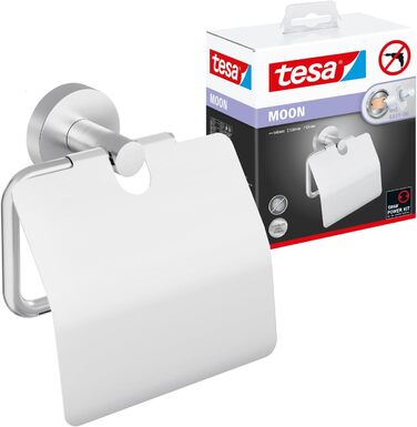 tesa Moon Toilet Paper Holder with Cover, Chrome - Wall-Mountable Toilet Roll Holder without Drilling, Includes Adhesive Solution - 53 mm x 140 mm x 128 mm