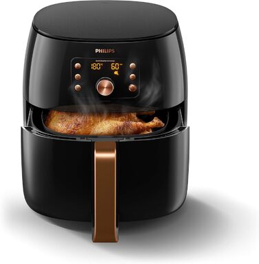 Philips Airfryer XXL with Rapid Air Technology - Hot Air Fryer with 7.3L Capacity, 90% Less Fat, Smart Sensing for Perfect Results, QuickClean, Recipe App, Black/Copper (HD9867/90)