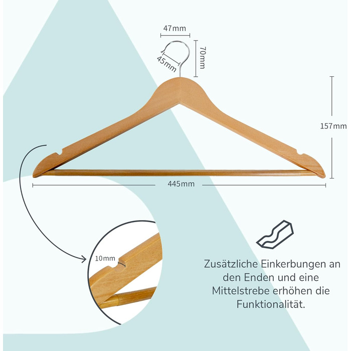 Набір дерев'яних вішалок ACTIVE SOUL (20 шт.) з вирізами для одягу та перемичкою для штанів, 360° обертання, для костюмів, сорочок, блузок та штанів