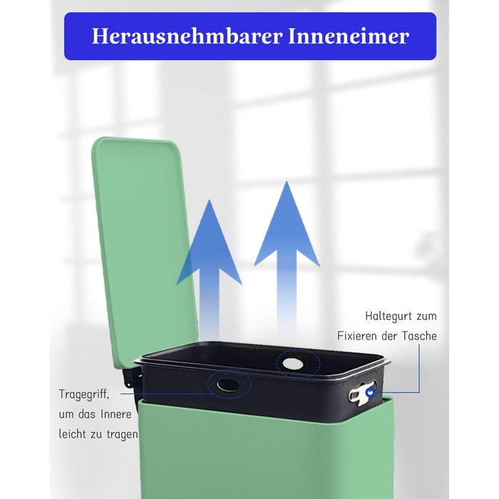 Відро для сміття кухонне 30л, нержавіюча сталь, з кришкою, внутрішній відерцем, прямокутне, зелене