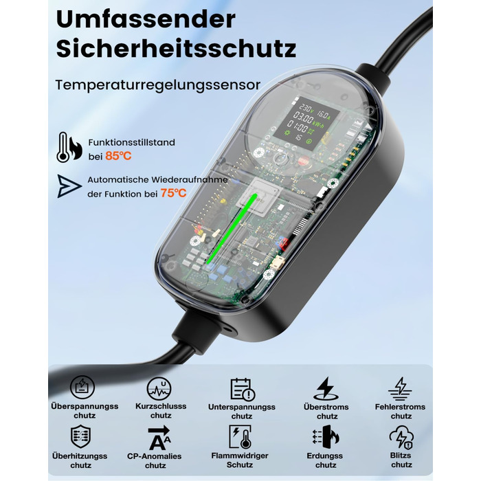 Кабель для зарядки електромобіля EzGoGo Type 2 Schuko 3.7 кВт 8м, LCD-дисплей, IP65, для EV/PHEV (IEC 62196-2)