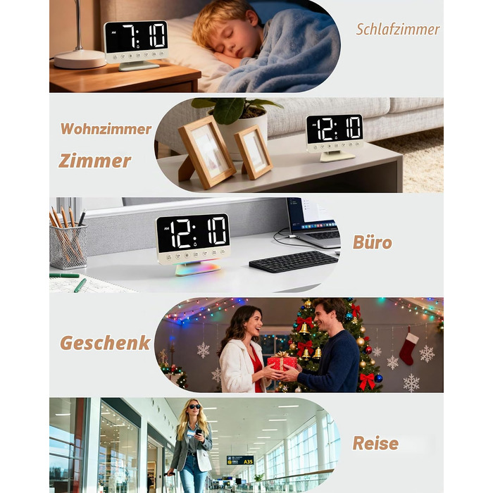 Цифровий будильник LED з RGB-підсвіткою та USB-портом, гучний сигнал 30-110 дБ для міцного сну, настільний годинник з функцією Snooze (Бежевий)