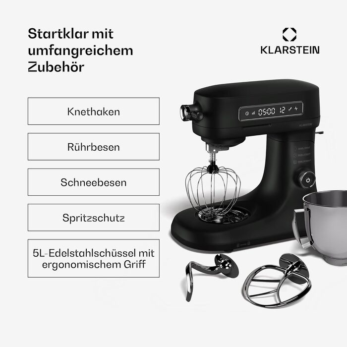 Кухонна машина Klarstein Chiara 1600W з чашею 5л з нержавіючої сталі, 12 швидкостей, LCD-дисплеєм, тиха робота ≤72 dB, набір для випічки, сумісний з посудомийною машиною, корпус з алюмінію, чорний колір