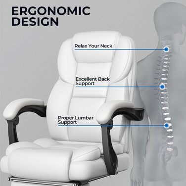 Ергономічне крісло Yaheetech для офісу, шезлонг з підставкою для ніг, комп'ютерне крісло з регульованими підлокітниками, висока спинка, регульована висота (Білий)