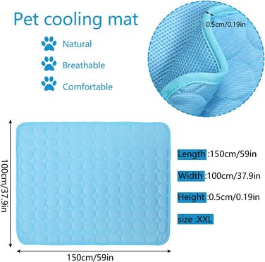 Килимок охолоджуючий для собак YXHZVON, 150 x 100 см, 2XL, блакитний. Охолоджуючий килимок для собак, миється, для дому, машини, в дорогу.