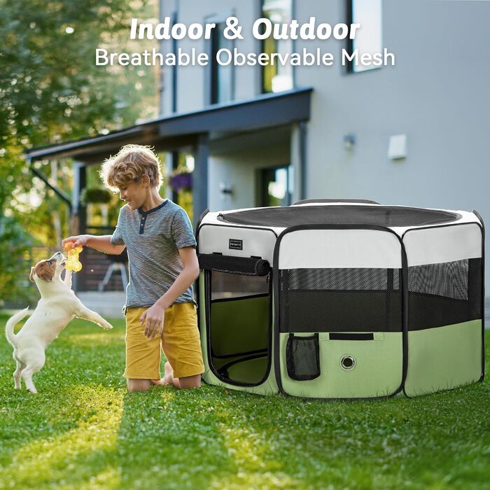 PETSFIT Розкладний вольєр для цуценят та дрібних тварин, вольєр для собак, котів, сірий/зелений, 92x84x53 см