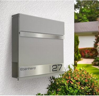Поштова скринька Metzler Premium з газетницею Anthrazit, персоналізована з табличкою для імені, високоякісна настінна з нержавіючої сталі V2A з порошковим покриттям RAL 7016, модель Stencil (сірий алюміній)