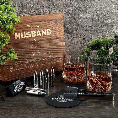 Склянки для віскі з гранітними кубиками льоду, 2 шт., дерев'яна подарункова коробка. Ідеальний подарунок для любителів віскі, чоловіків, на Різдво, День народження, День батька (310 мл). Рельєфні круглі.