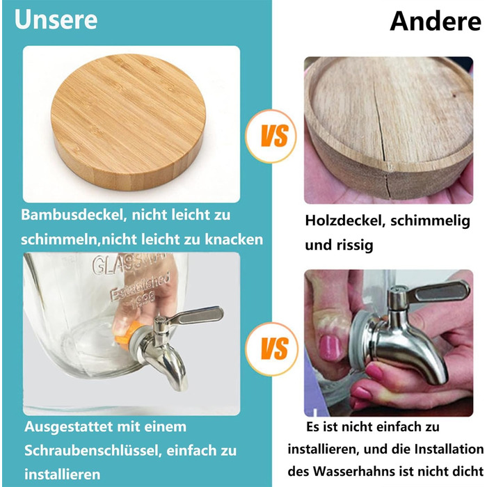 Скляний диспенсер для напоїв на 4 літри з краном, 2 шт. з підставкою, для лимонадів, холодного чаю, комбучі. Підходить для вечірок, свят, бамбукова кришка
