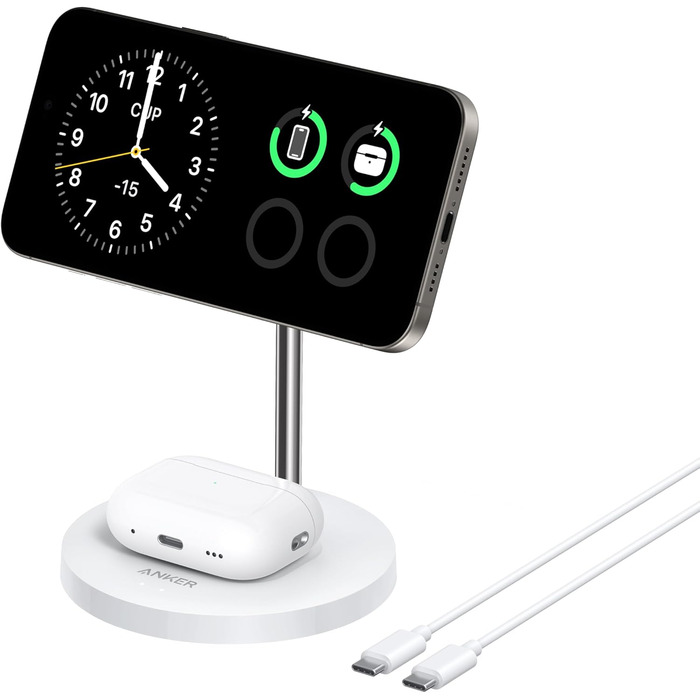 Anker MagGo 15W Magsafe зарядний пристрій: 2-в-1 індукційна станція, Qi2 бездротовий заряд для iPhone 16/15/14/13/12, AirPods Pro, з USB-C кабелем 1.5м, без адаптера живлення