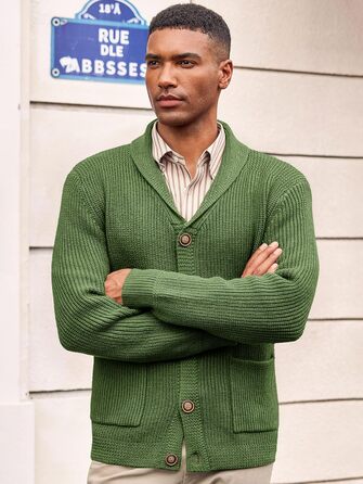 Чоловічий в'язаний кардиган Runcati з коміром-шарфом, візерунок коси, ґудзикова застібка, зимовий, великий, з кишенями (M, Оливковий (Army Green))