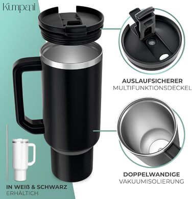 Personalized Insulated Tumbler - 40oz with Engraving - Custom Name or Logo, Leak-Proof, BPA-Free, with Lid & Straw - White (Black Accent)