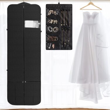 Univivi Garment Bag Long 182cm, Bridal Gown Garment Bag with Shoe Compartment, Garment Bags with 4 Zipper Pockets, Foldable Waterproof Garment Bag Travel for Evening Dresses - Beige (182cm / Black Includes 1 Accessory Pouch)