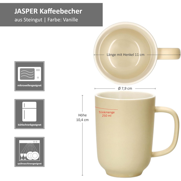 Набір кухлів Ritzenhoff & Breker Jasper 6 шт. ваніль, 250 мл, кам'яна кераміка з ручкою для кави, чаю, какао, латте, посуд для гарячих напоїв