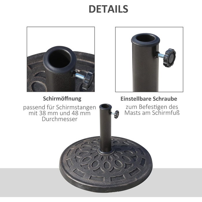 Outsunny Granite Parasol Stand 14kg, Umbrella Stand Grips, Round Umbrella Holder, Umbrella Weight for Parasol 38mm/48mm Tube Diameter, for Balcony, Terrace, Garden, Bronze