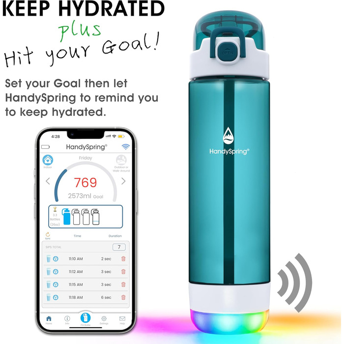 Розумна пляшка для води з нагадуванням, LED-підсвітка та звуковий сигнал Hydrate Glow 750 мл, мотиваційна пляшка для пиття (зелена)