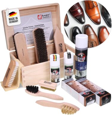 Rosshaar Shoe Care Set, 15-Piece - Extra-Large Rosshaar Polishing Brushes - Large Bologna Shoe Shine Box with Contents - Shoe Brush Set for Leather Shoes & Sneakers