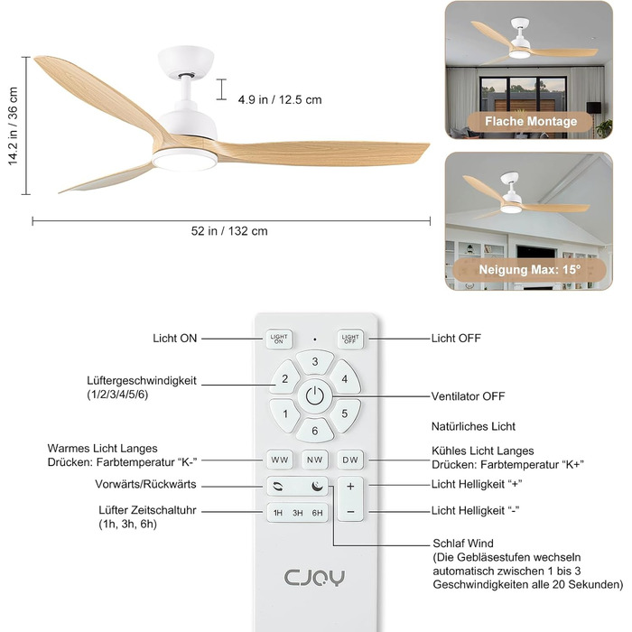 Стеляний вентилятор CJOY з підсвічуванням, 107 см, з пультом керування, DC, безшумний, з функцією зміни напрямку обертання, пам'ять 3CCT, регульована яскравість, 6 швидкостей, таймер для спальні (132 см, біле дерево)