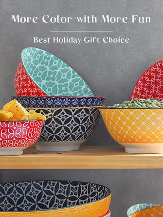 Набір тарілок для мюслі DOWAN (6 шт.), 680 мл, діаметр 15,2 см, кольорові, великі, набір тарілок для вечері, Різдва, супу, салату, кукурудзяних пластівців, з квітковим візерунком