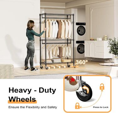 Міцний мобільний вішак для одягу з 3 рівнями, регульованими полицями, 2 штангами та гачками, чорний 40x75x189.3 см