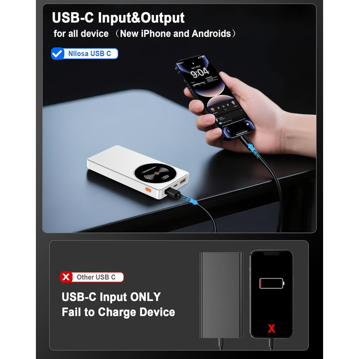 Портативний зарядний пристрій Power Bank Klein 10000mAh з USB-C, 3 порти, сумісний з iPhone 17/16/15/14/13 Pro Max Plus Mini та Android (білий)