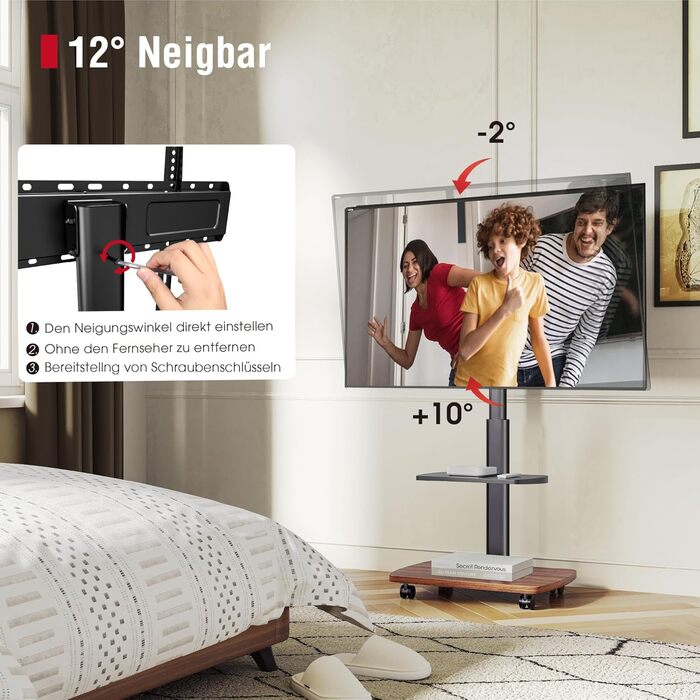 AOKCOS Rolling TV Stand with Wood Shelf - Adjustable Height & Swivel - VESA 400x400 - Holds 32-65 Inch TVs up to 40kg