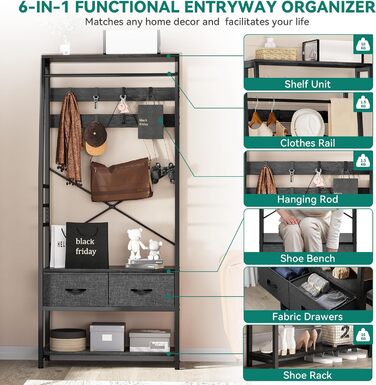 YITAHOME Entryway Storage Bench with Shoe Cabinet, Freestanding Entryway Bench with Bank and 2 Folding Drawers, Industrial Coat Rack with 8 Hooks for Entryway, Living Room, Bedroom, Metal Frame, Rustic Brown (Black)