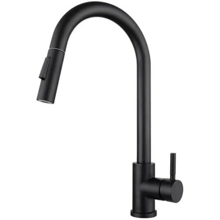 Чорний кухонний змішувач з висувною лійкою, 360° поворот, нержавіюча сталь, гаряча/холодна вода, G3/8'', 2 режими струменя