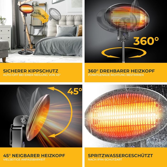 Інфрачервовий обігрівач KESSER® 2000W з Wi-Fi та пультом дистанційного керування, 360° обертання, регулювання висоти, підставка та настінний монтаж, захист від перекидання, IPX4 вологозахист, для тераси, балкону та саду, чорний