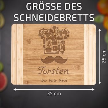 Maverton Bamboo Cutting Board with Engraving - Serving Board - Charcuterie Board solid wood - Size: 35x25 cm - Cutting board for men - for birthdays - for Christmas - chef's hat