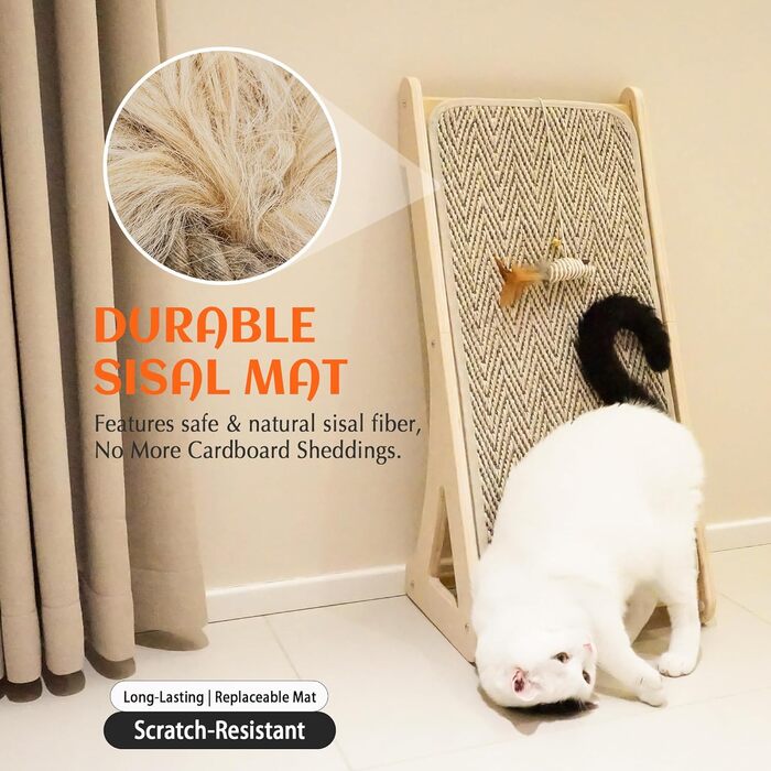 PETKARAY Драбина-кіготь для котів, L-подібна, 68 см, з сизалю, для стіни та кута, з котячою м'ятою та іграшкою-мишкою