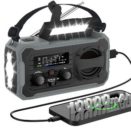 Радіо FIVAVA на сонячних батареях з ручним генератором, Powerbank 10000mAh, AM/FM, SOS-сигналізація, LED-ліхтарик для кемпінгу та надзвичайних ситуацій (Чорний)
