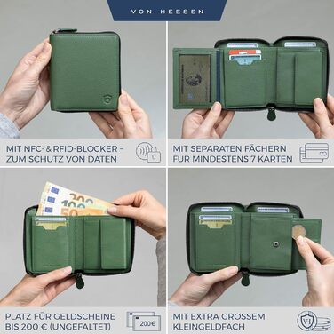 VON HEESEN гаманець з натуральної шкіри з RFID-захистом, зелений, для чоловіків і жінок, з монетницею