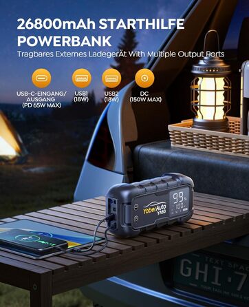 YaberAuto Powerbank для запуску двигуна, 6000A, 65W USB-C PD, 26800mAh, для бензинових та дизельних двигунів (12.0L), з LED-ліхтарем 600 люмен