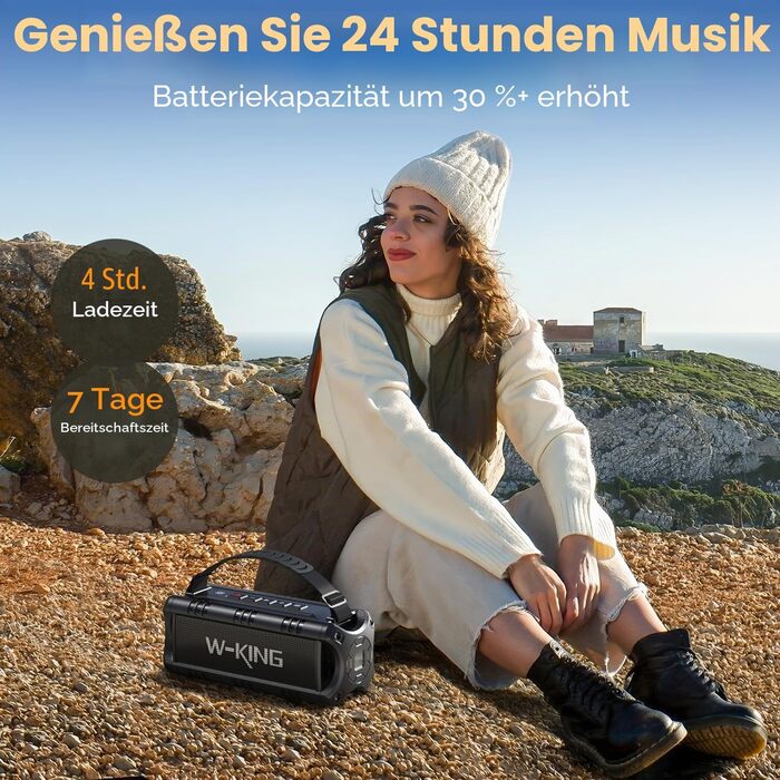 W-KING Bluetooth колонка 30W IPX6 портативна, з басом, 24 год, TF/USB/AUX, для вечірок та кемпінгу