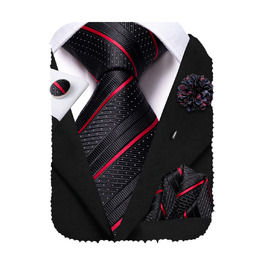 Набір краваток, нагрудних хустинок, запонок та латунної броші Hi-Tie для весілля та ділових зустрічей (чорний/червоний)