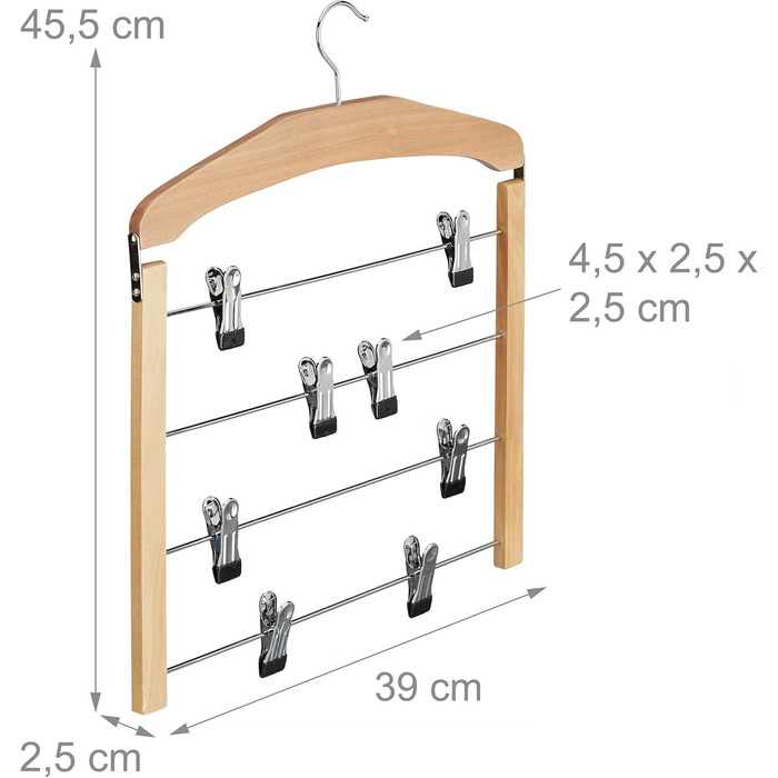9 x Rock Hangers, Trouser Hangers Wood, 360° Swivel Hook, Clothes Hangers Non-Slip, HBT 45.5x39x2.5 cm, Silver/Natural