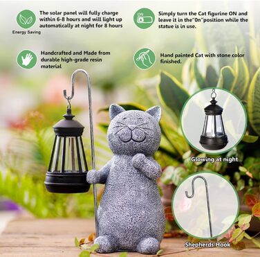 Yeomoo Cat Garden Statues for Outdoors with Solar Lantern – Funny Waterproof Solar Lamp Figure Garden Decor for Outdoors Balcony Terraces Gifts for Women Men Mom Birthday Fairy Garden Grey