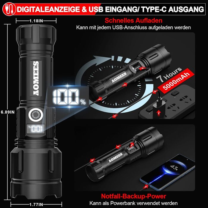 Ліхтарик AOMEES LED, 200000 люмен, акумуляторний, USB/Type-C, водонепроникний IPX4, 5 режимів, для кемпінгу та екстрених ситуацій з безпечним молотком
