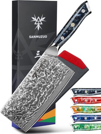 SANMUZUO Nakiri Messer 19 см - професійний ніж шеф-кухаря Дамаск, серія Xuan, VG10 сталь, ручка з епоксидної смоли (Dream Orange)