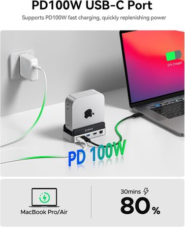 ORICO MiniDock: Док-станція та підставка для Mac mini M4/M4 Pro з корпусом для NVMe SSD, USB-C хаб з 4K HDMI та DisplayPort, SD/TF 3.0, USB-C/A 10Gbps, PD 100W - VS10 (10-в-1, 4TB)