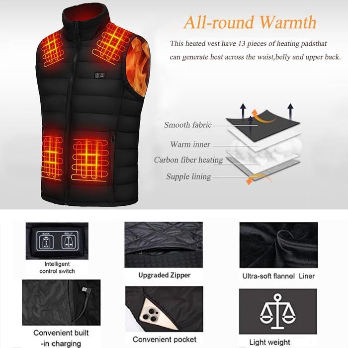 Обогріваючий жилет для чоловіків та жінок з акумулятором, 13 зон обігріву, 3 режими температури, чорний, L