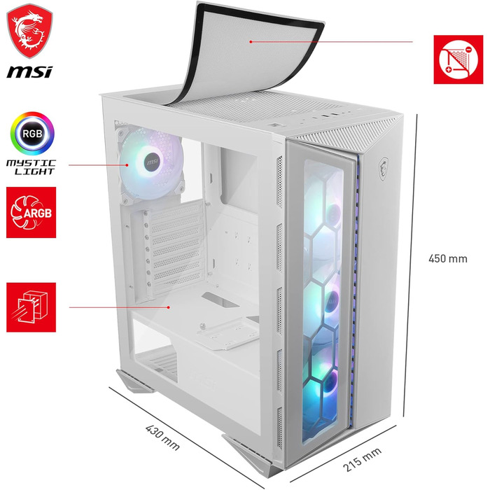 Корпус ПК MSI MPG GUNGNIR 110R White Mid-Tower з загартованим склом, підтримка ATX/M-ATX/Mini-ITX, 4 x 120mm ARGB вентилятори, USB 3.2 Gen 2x2