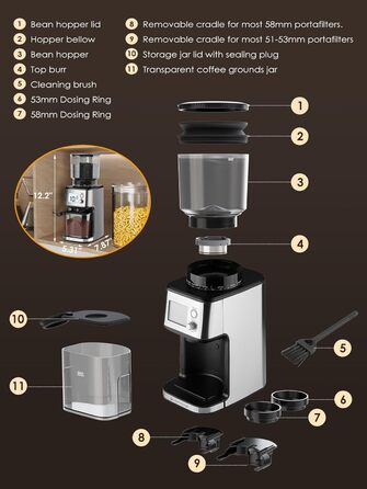 Електрична кавомолка Homtone для еспресо та френч-прес, 51 ступінь помолу, нержавіюча сталь, LCD-дисплей, 165W