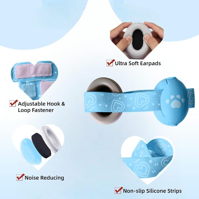 Навушники для захисту від шуму для немовлят, блакитні. Зменшують шум до 25 dB, регульоване антиковзне кріплення до 36 місяців, м'які та легкі.