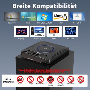 Зовнішній CD/DVD привід UNITEK USB-C, портативний DVD-плеєр з картридером SD, USB 3.0 Hub та CD-ROM записником для ноутбуків, ПК, Windows, Linux, macOS (чорний)