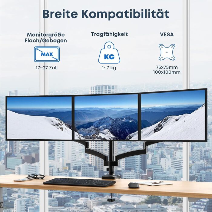 Кронштейн для 3 моніторів WORLDLIFT Premium Aluminium, регульований тримач для LED LCD екранів 17'-27', настільний, навантаження 7 кг на плече, VESA 75/100 мм, чорний