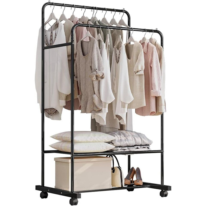 Clothes Rack, Rolling Garment Rack with 2 Clothes Rods, 2 Shelves for Boxes (Black)