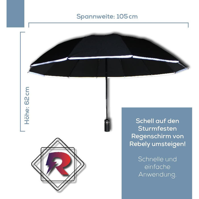 Стійка до вітру парасолька – надміцна з 12 спицями. Зручне складання без крапель – компактний, для жінок та чоловіків. Автоматичне відкриття – світловідбиваючі елементи на краю.